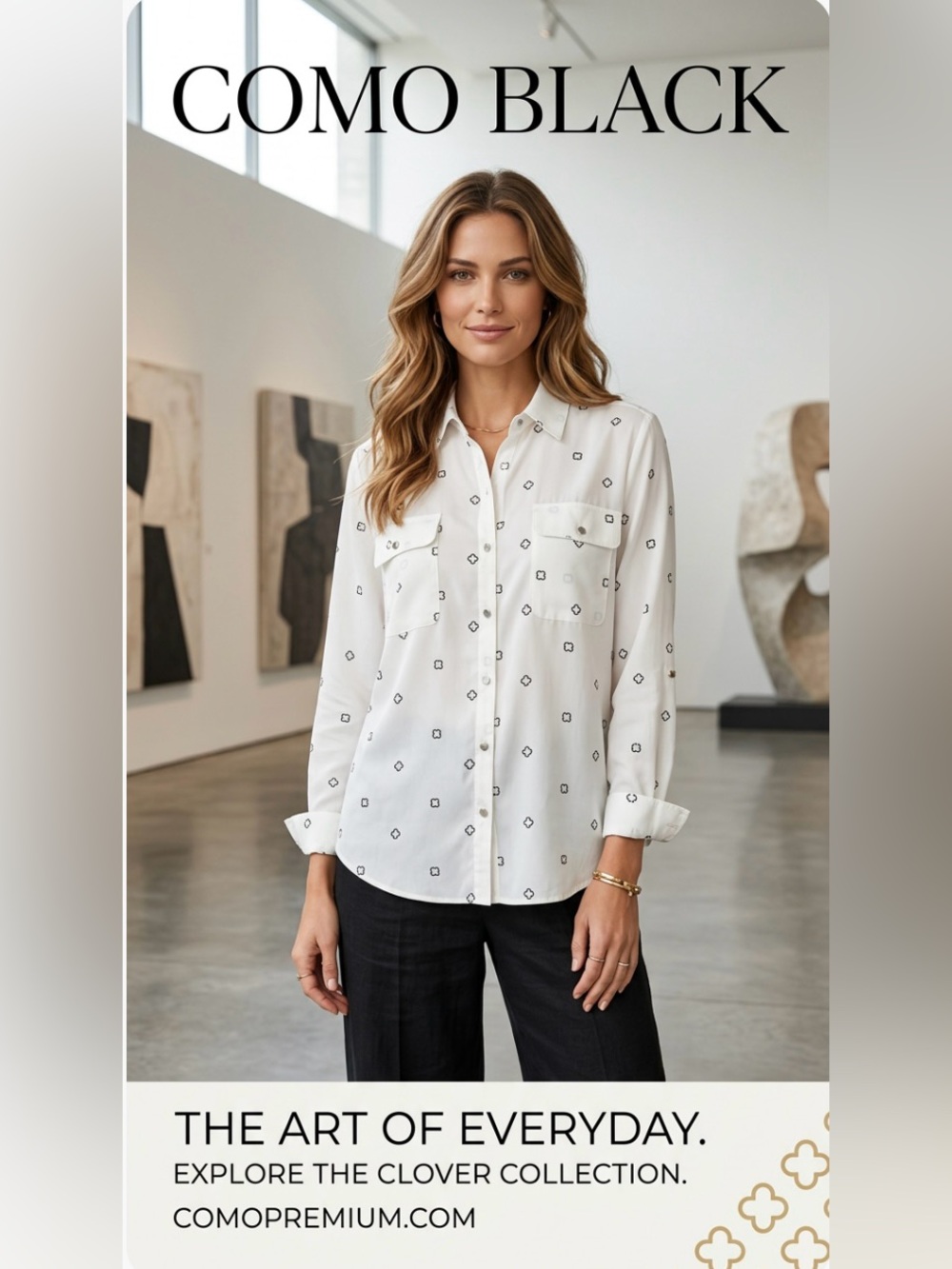 NWOT ~ Como Black White & Black Van Cleef Design Button-Up Blouse